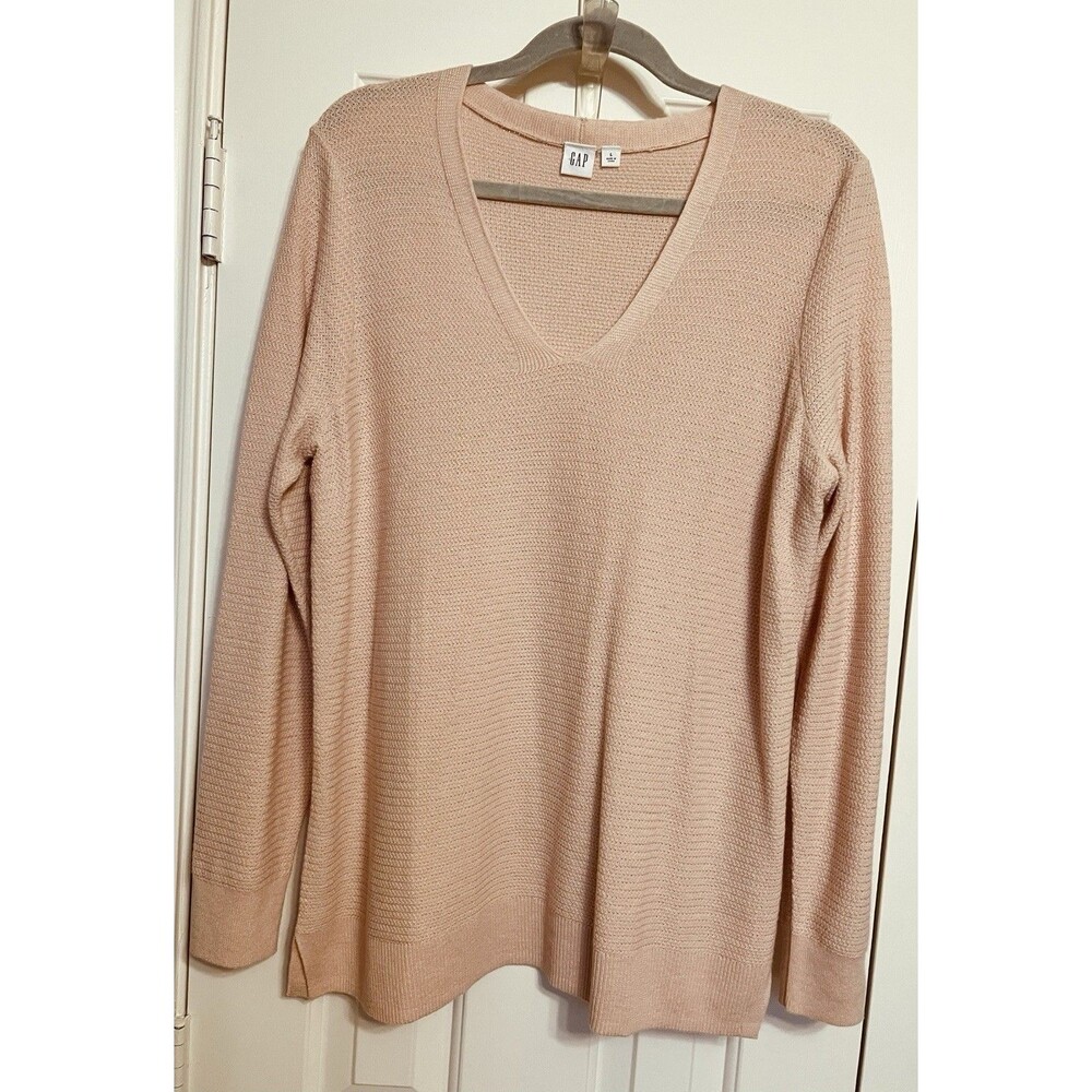 GAP Women’s Sweater Pale Pink Large VNeck Pullover Long Sleeve Merino Wool Blend